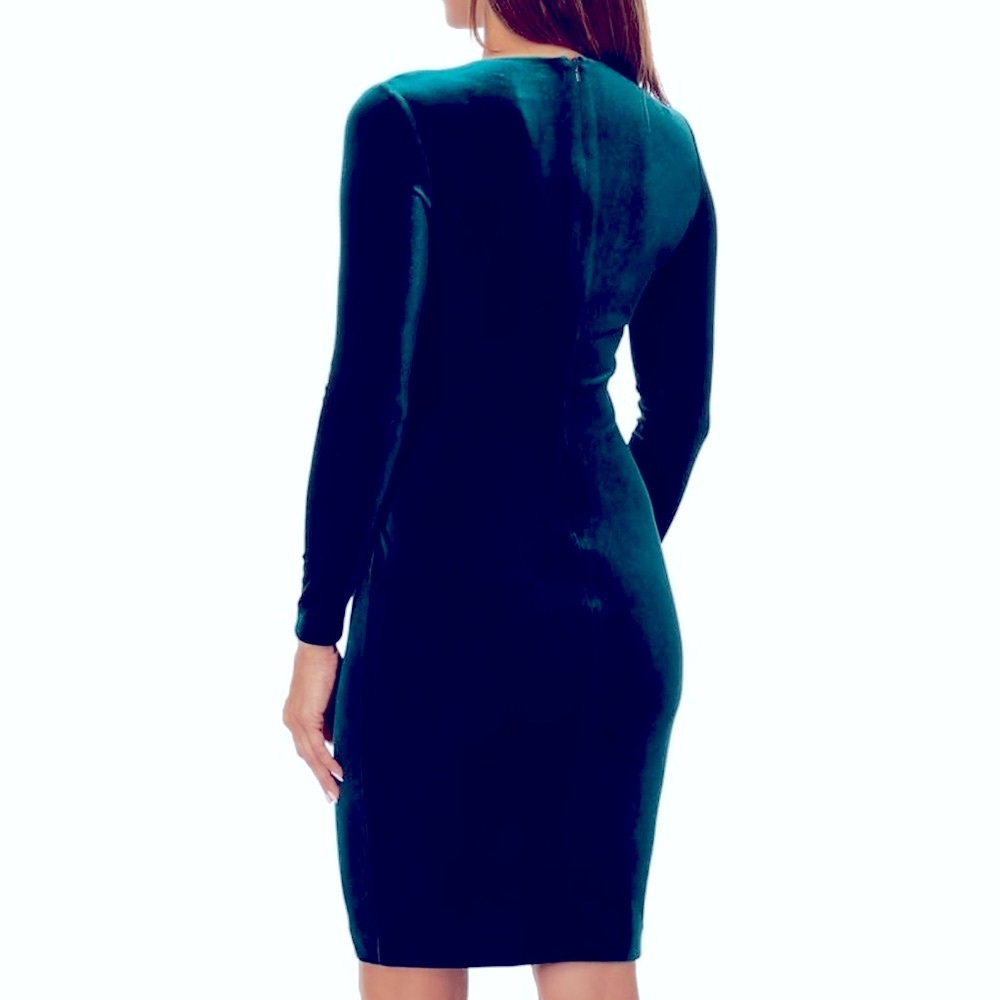 Calvin Klein Velvet V-Neck Dress Gold V-Bar Side Ruching Aquamarine Blue | Sz 8 - Picture 13 of 14
